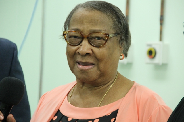Nevisian Mrs. Ursula Philip based in the United States of America, delivers remarks at a welcoming ceremony on July 07, 2014, at the Alexandra Hospital for Georgia-based Cardiologist/Internist Dr. Charlie Rouse. Both Mrs. Phillip and her daughter Ursula had encouraged Dr. Rouse to come to Nevis to volunteer his services to her homeland